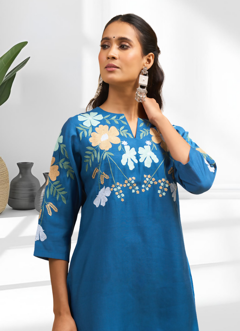 Joban Fashion Teal Silk Embroidered Readymade Cord Set