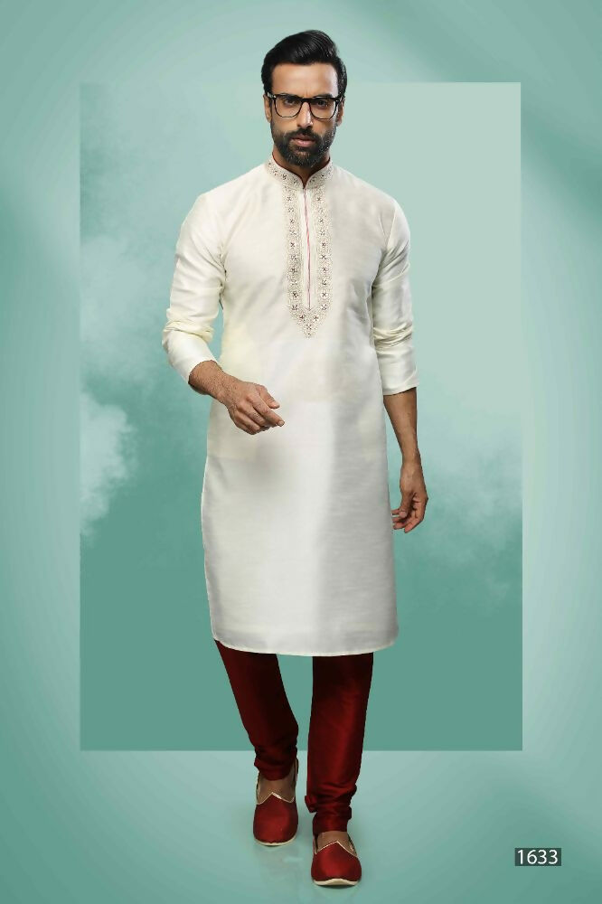 Raivat Ethnic Art Silk Mirror Embroidery Work Kurta Pajama In Cream Colour