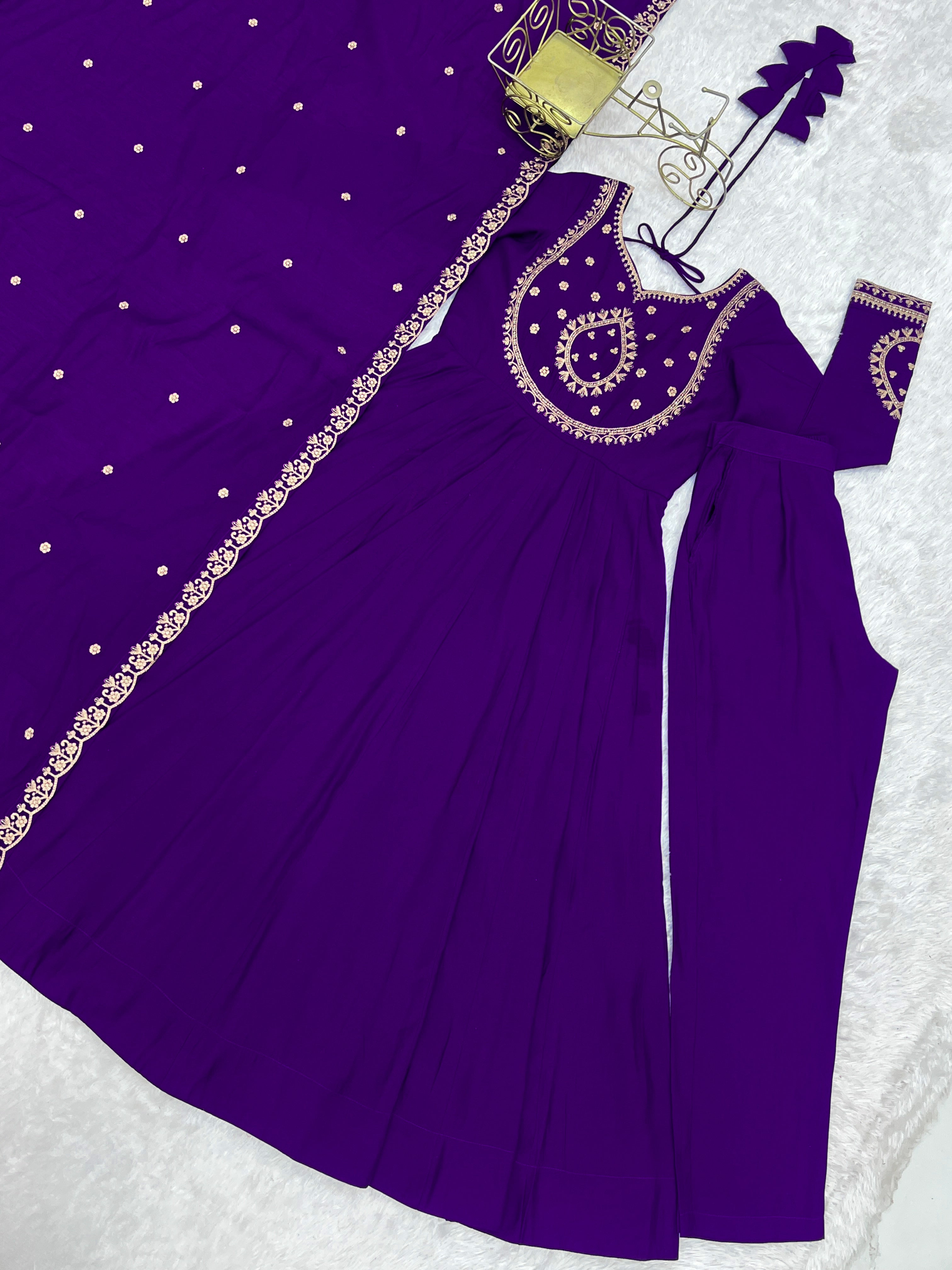 Evanik Women Purple Embroidered Beads Work Anarkali Kurta with Dupatta