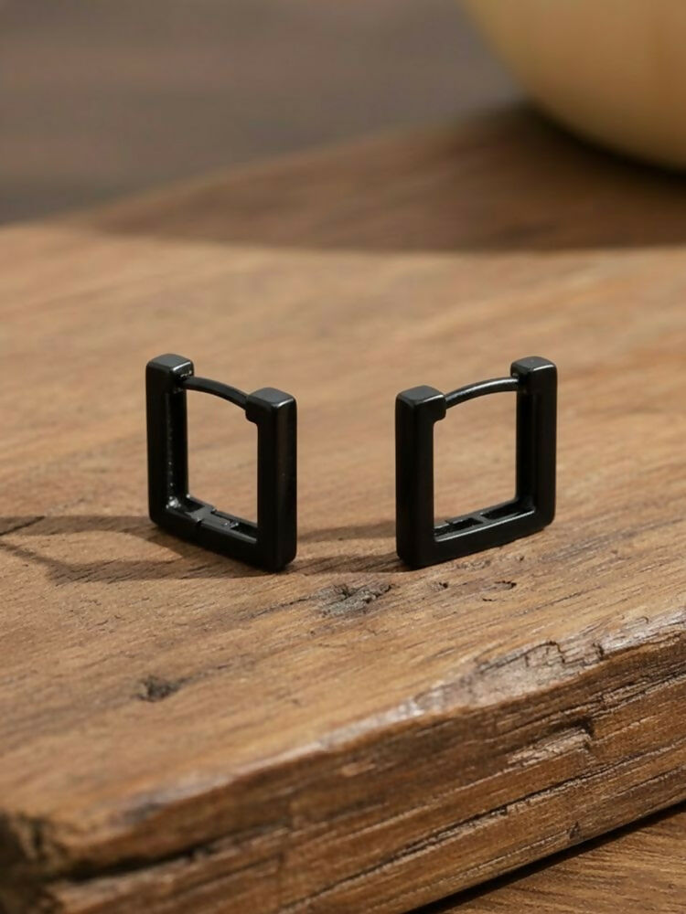 NVR Men's Black Rhodium Plated Geomatric Shaped Hoop Earrings