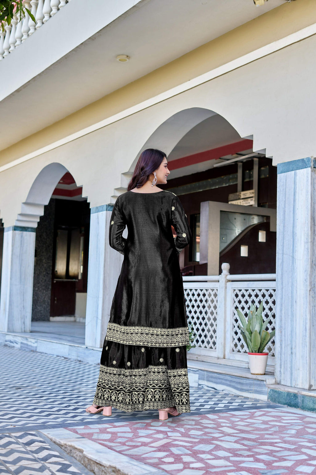 Teeya Creation Black Color Chinon Silk Heavy Embroidery Work Wedding Wear Sharara