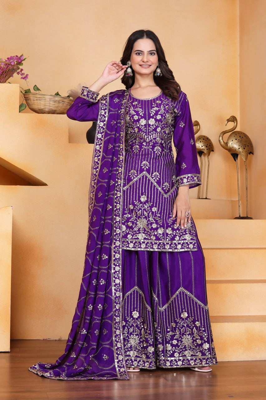 Teeya Creation Purple Color Chinon Silk Embroidery Work Wedding Wear Palazzo Set