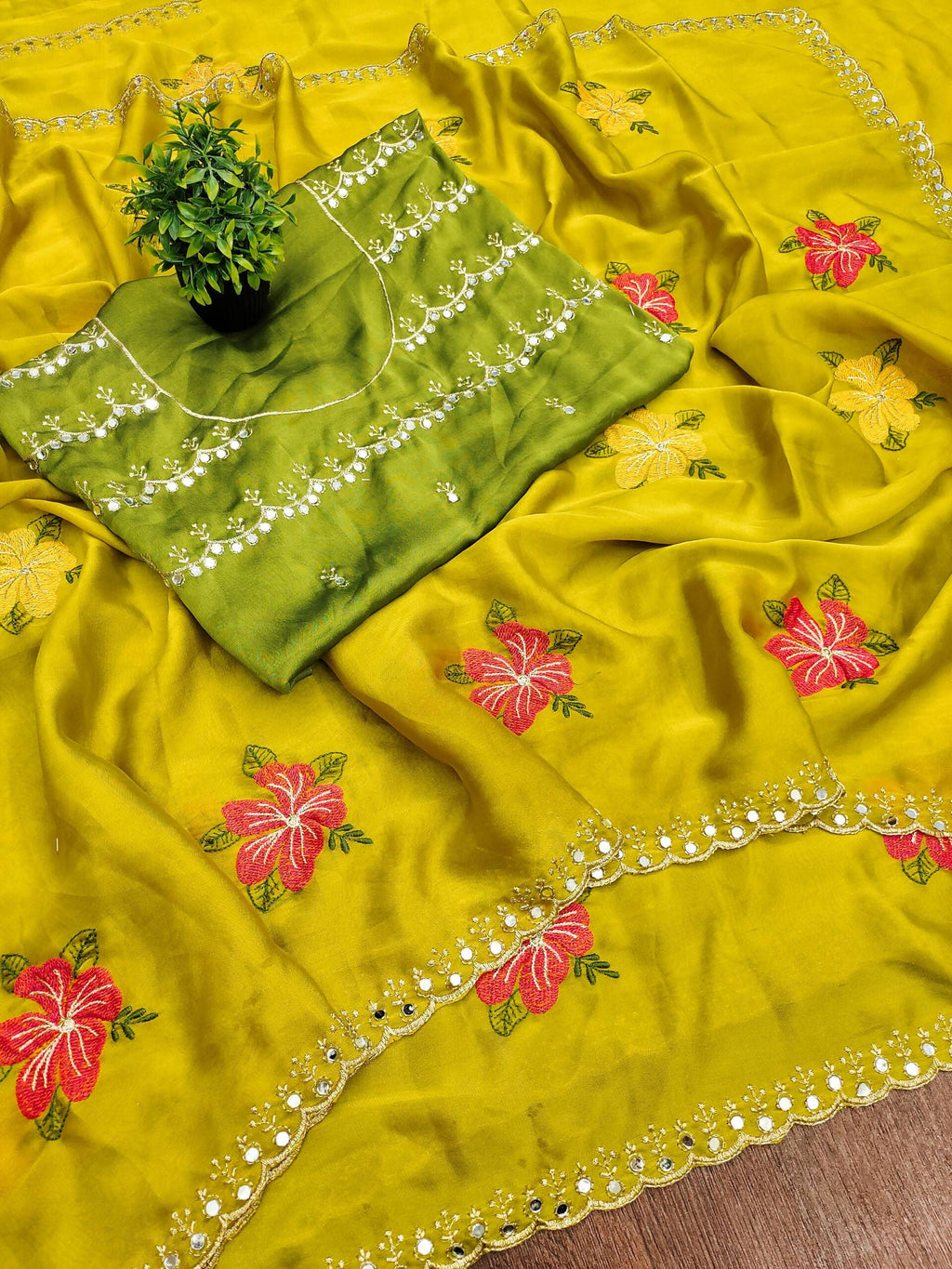 Teeya Creation Yellow Rangoli Silk Embroidery Work Party Wear Designer Saree