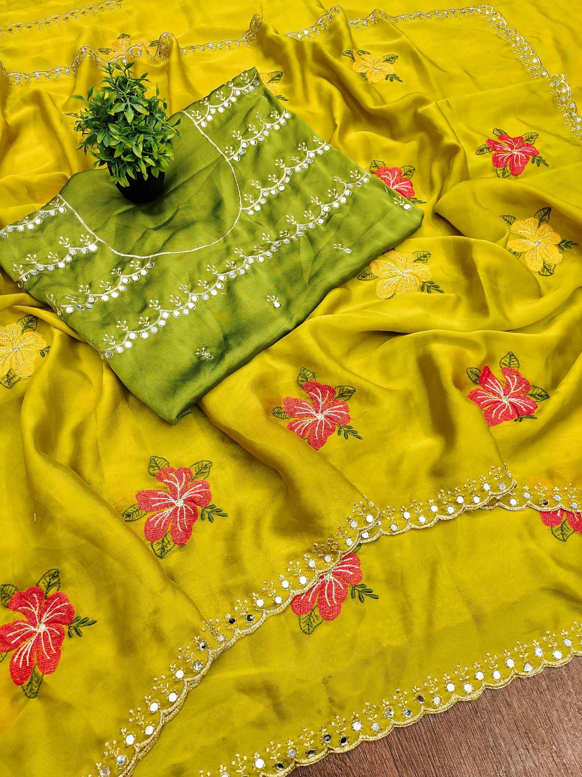 Teeya Creation Yellow Rangoli Silk Embroidery Work Party Wear Designer Saree
