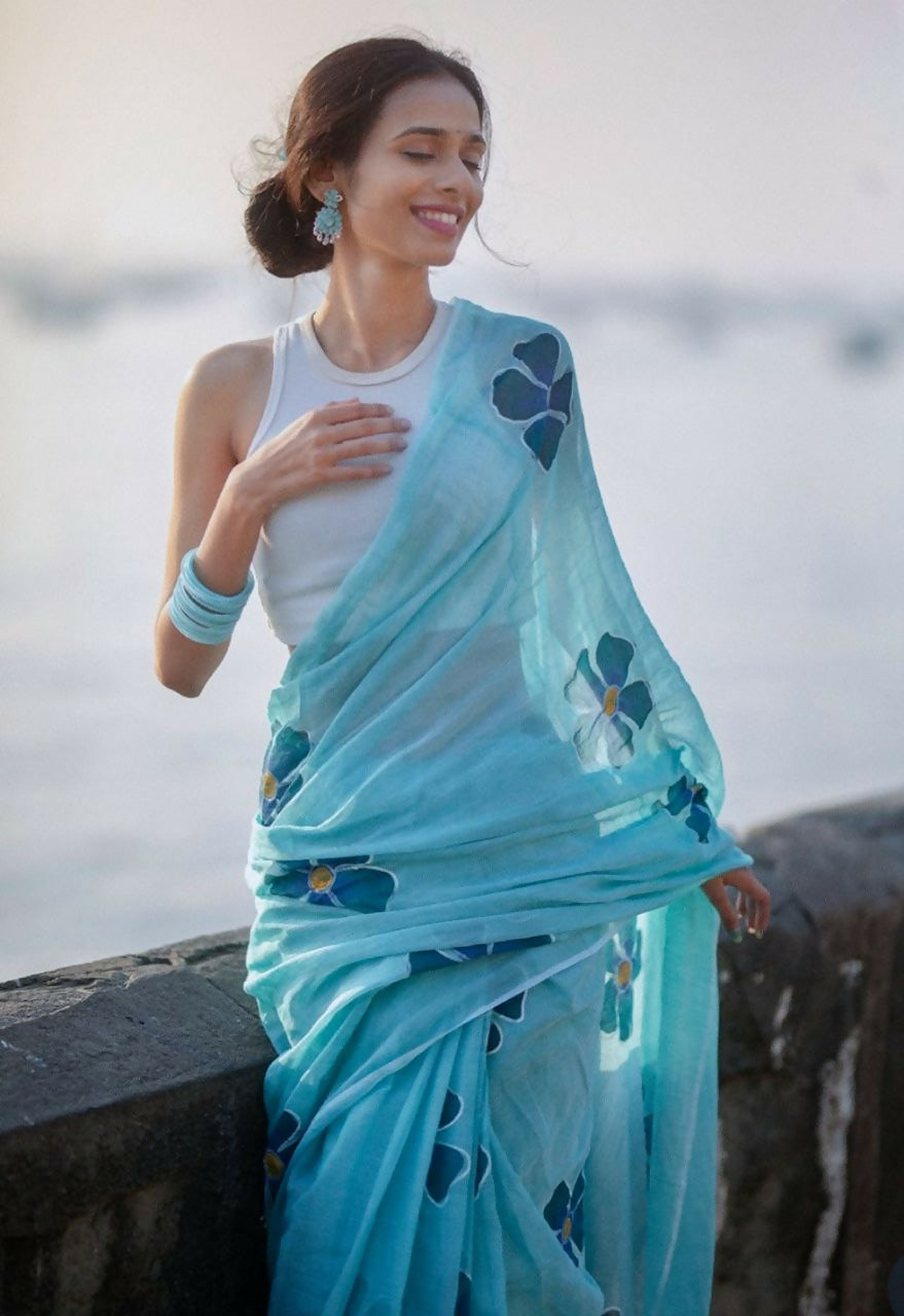Prime Volt Women's Sky Blue Floral Digital Print Soft Linen Saree With Blouse
