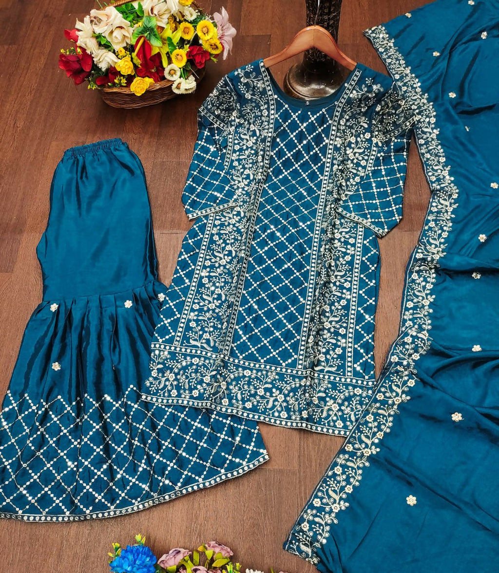 Teeya Creation Teal Color Chinon Silk Embroidery Work Sharara Set