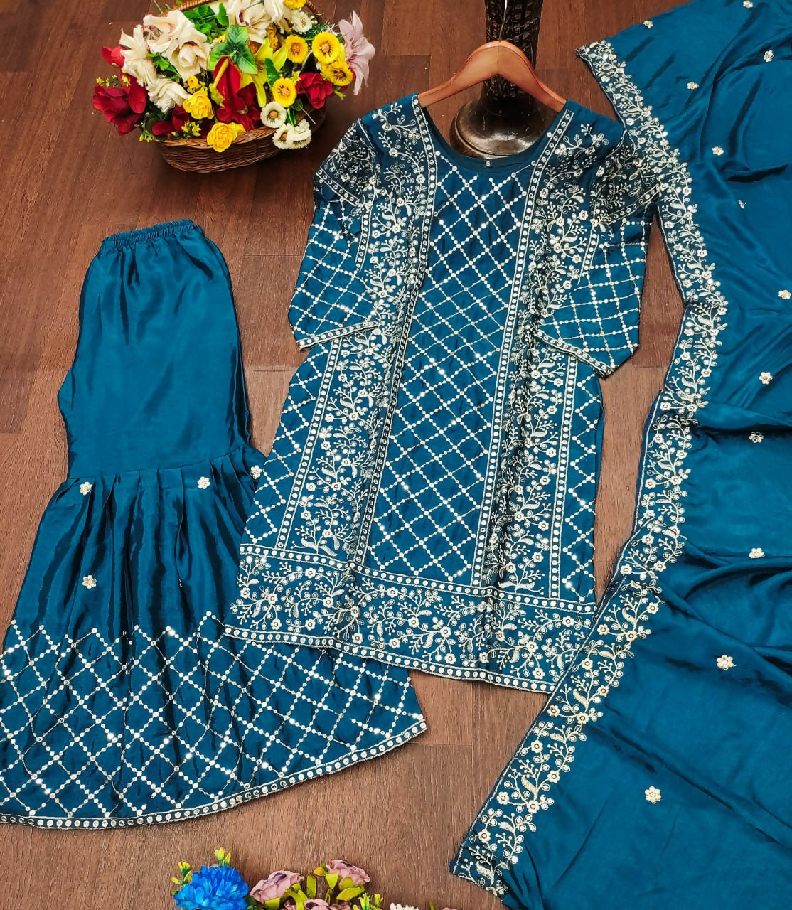 Teeya Creation Teal Color Chinon Silk Embroidery Work Sharara Set
