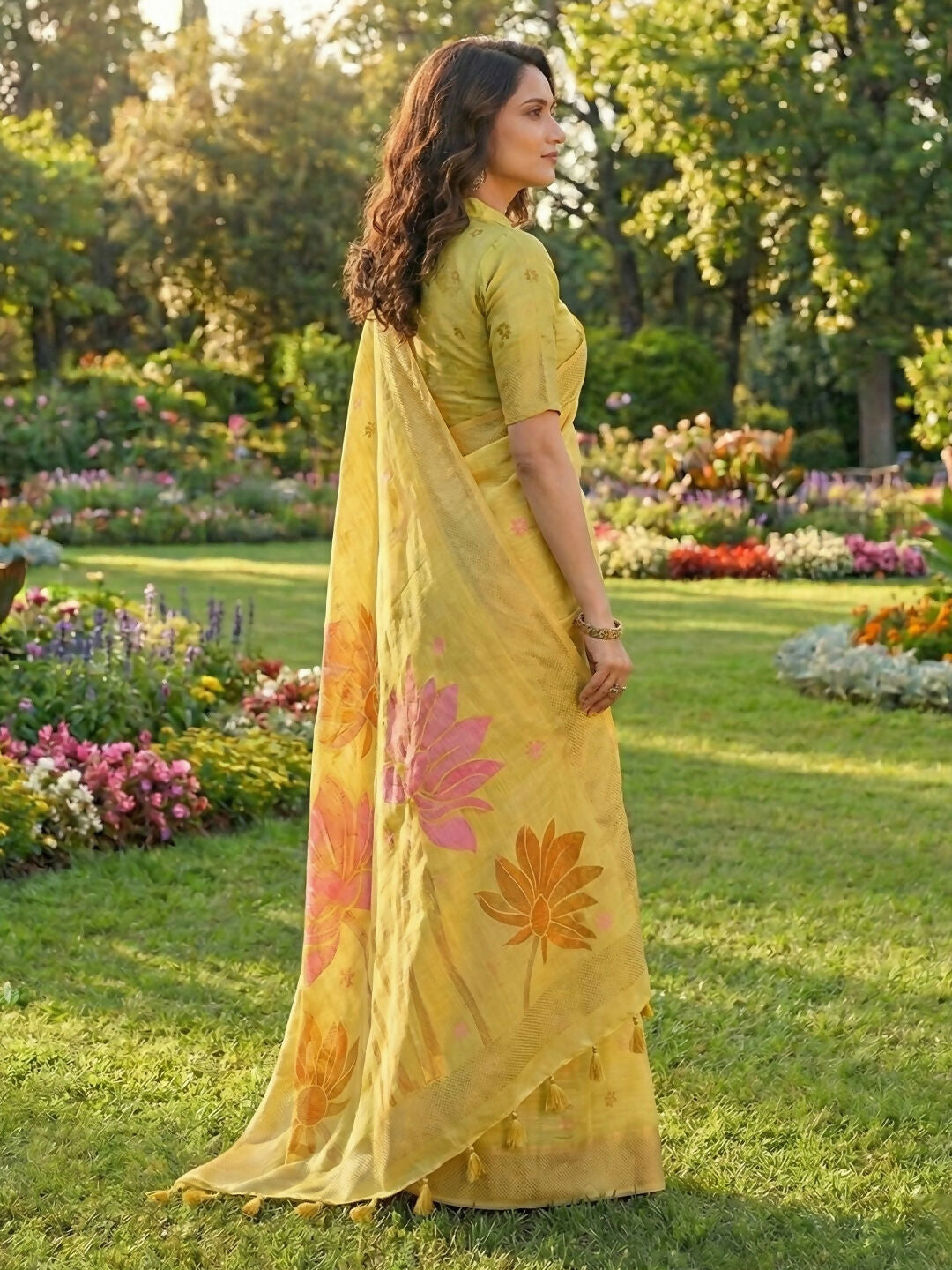Shree Shyam Fashion Yellow Linen Cotton Saree