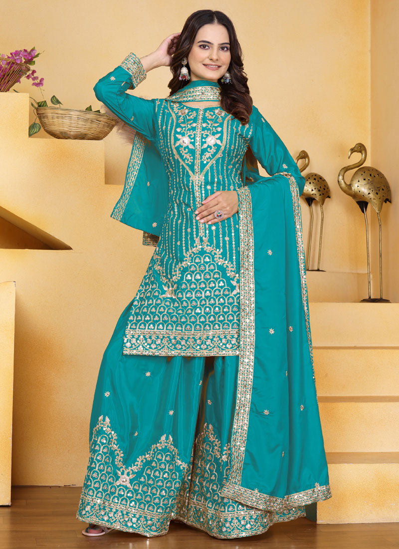 Prazu Fashion Firozi Crepe Silk Sequin Embroidered Sharara Suit