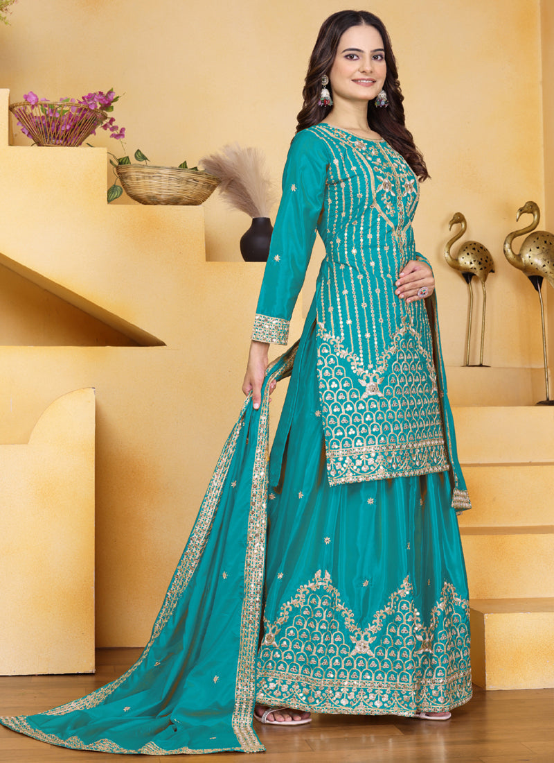 Prazu Fashion Firozi Crepe Silk Sequin Embroidered Sharara Suit