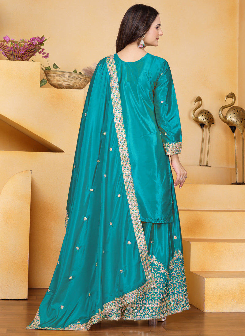 Prazu Fashion Firozi Crepe Silk Sequin Embroidered Sharara Suit