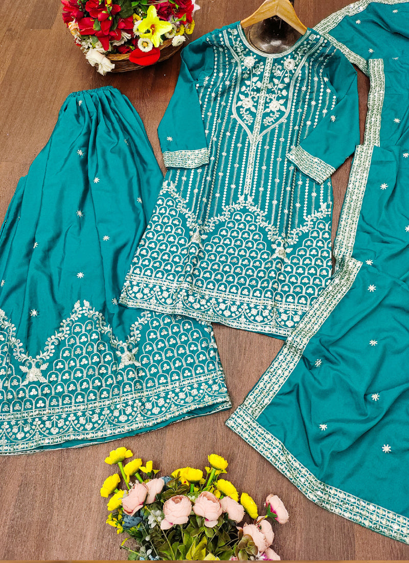 Prazu Fashion Firozi Crepe Silk Sequin Embroidered Sharara Suit