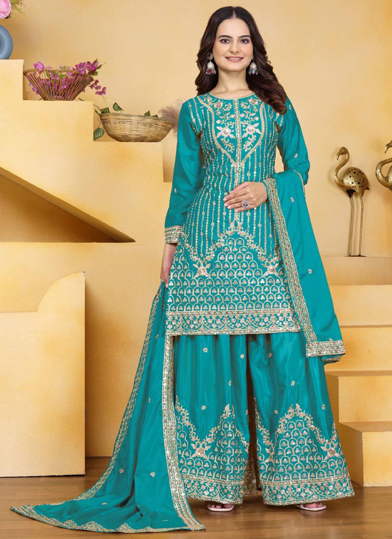 Prazu Fashion Firozi Crepe Silk Sequin Embroidered Sharara Suit