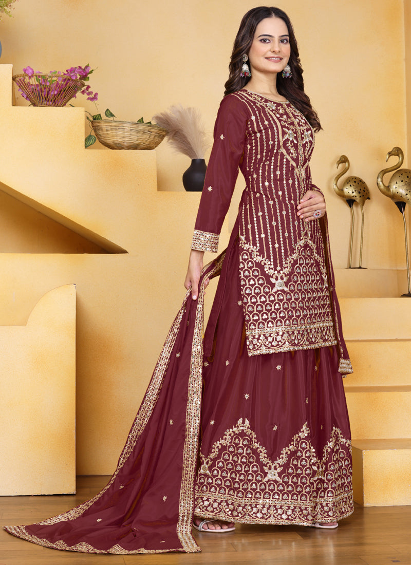Prazu Fashion Maroon Crepe Silk Sequin Embroidered Sharara Suit