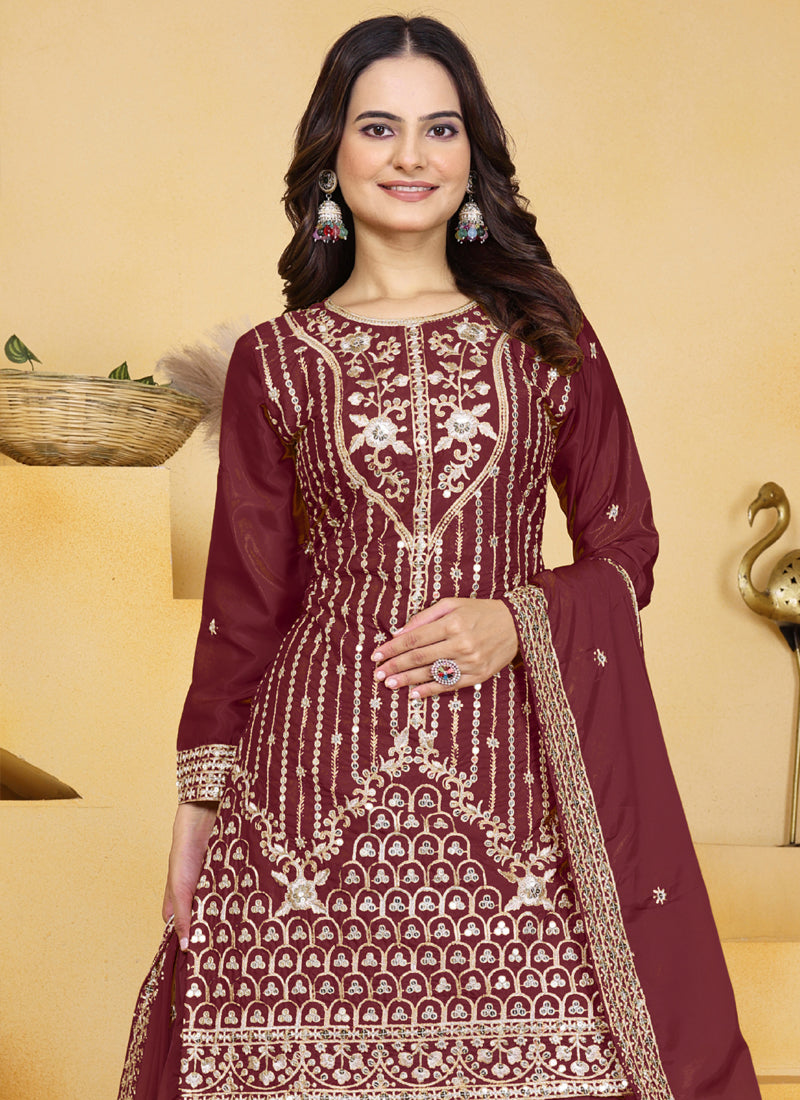 Prazu Fashion Maroon Crepe Silk Sequin Embroidered Sharara Suit