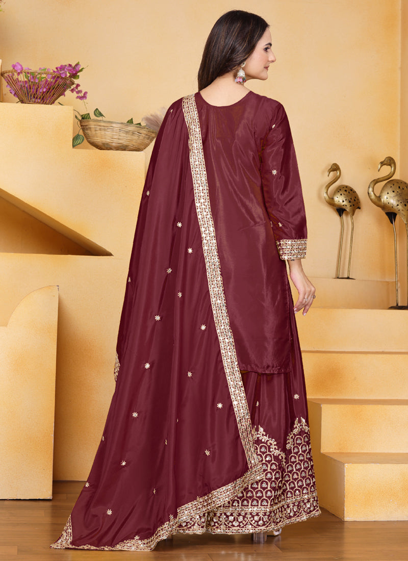 Prazu Fashion Maroon Crepe Silk Sequin Embroidered Sharara Suit