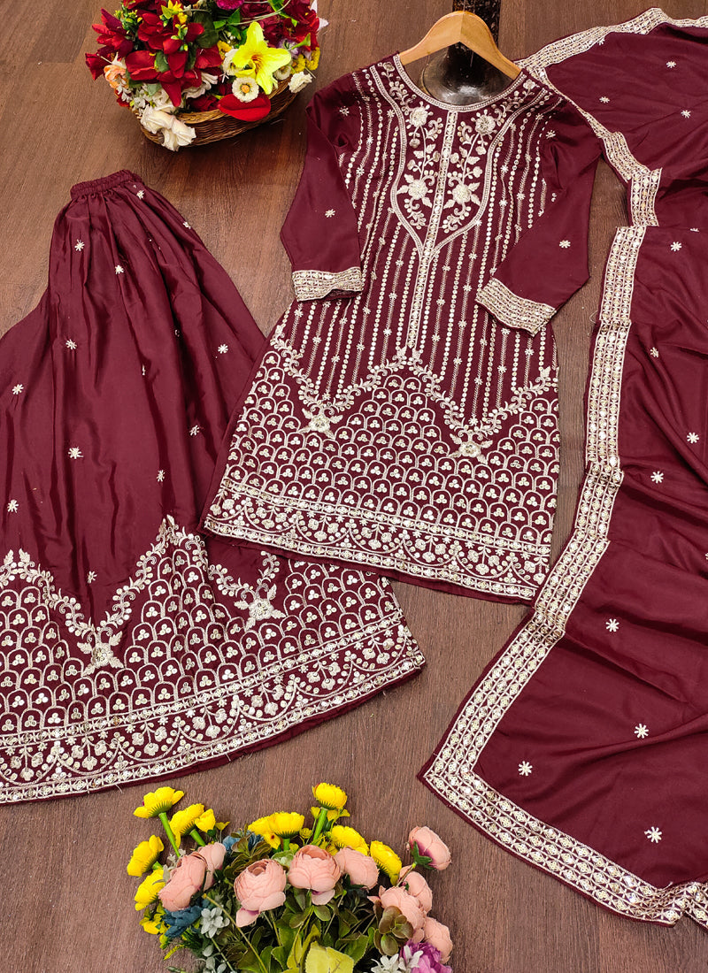 Prazu Fashion Maroon Crepe Silk Sequin Embroidered Sharara Suit