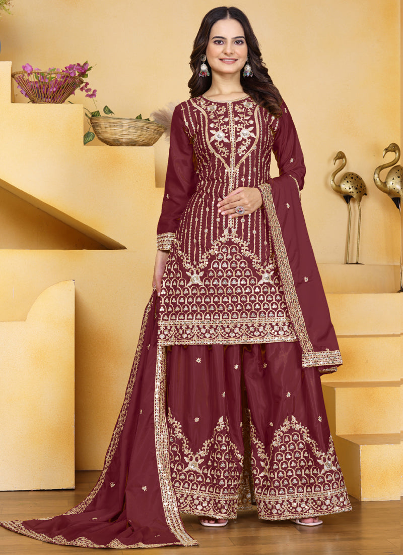 Prazu Fashion Maroon Crepe Silk Sequin Embroidered Sharara Suit
