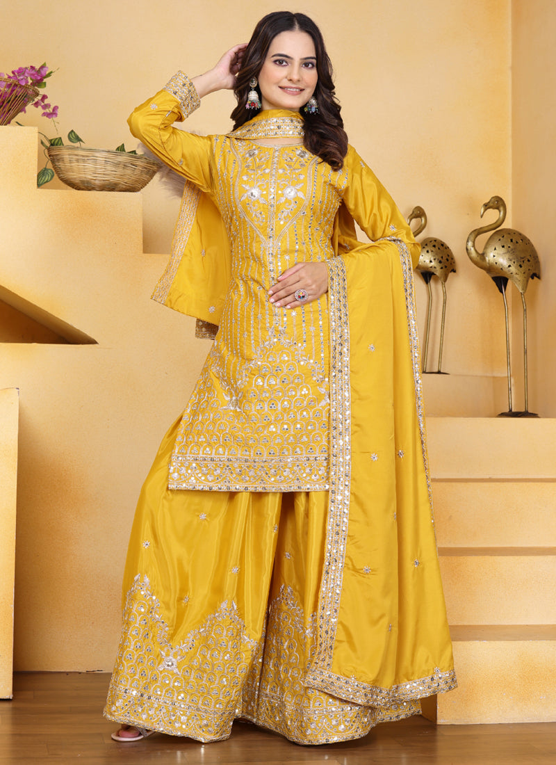 Prazu Fashion Yellow Crepe Silk Sequin Embroidered Sharara Suit