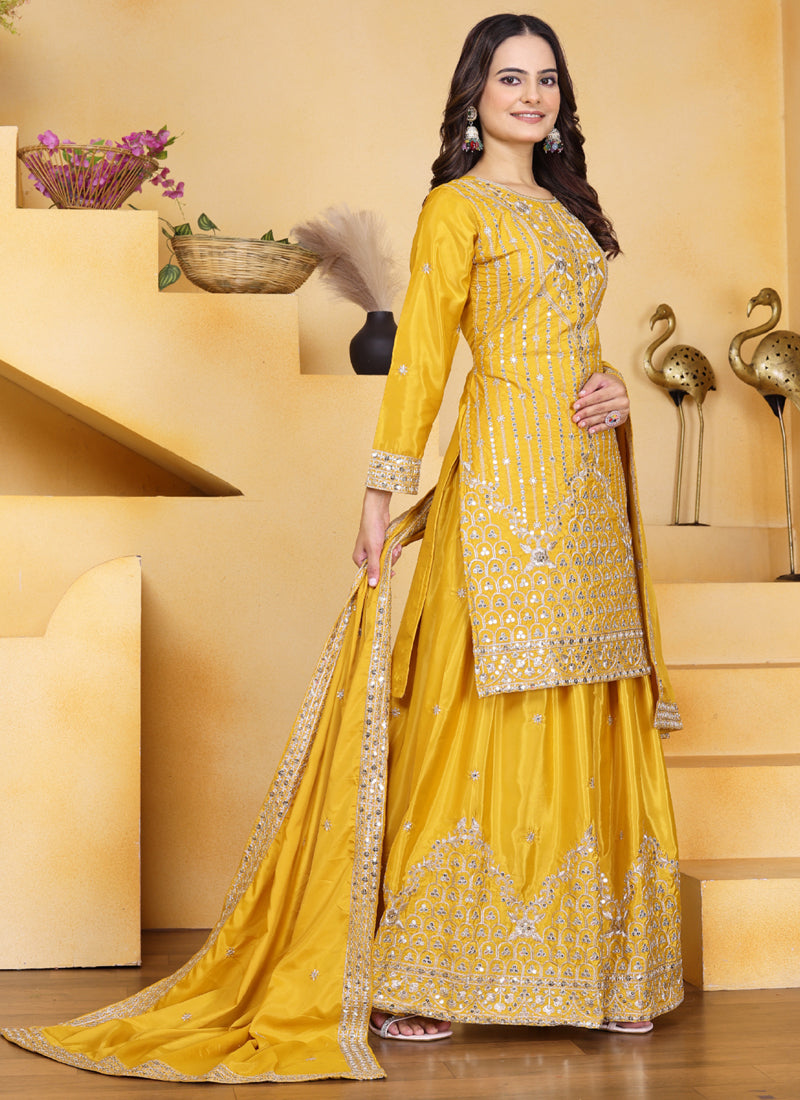 Prazu Fashion Yellow Crepe Silk Sequin Embroidered Sharara Suit