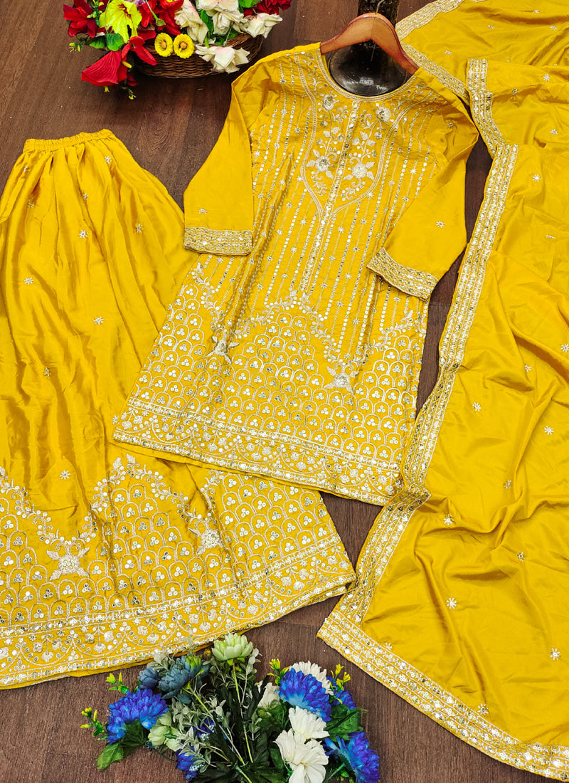 Prazu Fashion Yellow Crepe Silk Sequin Embroidered Sharara Suit