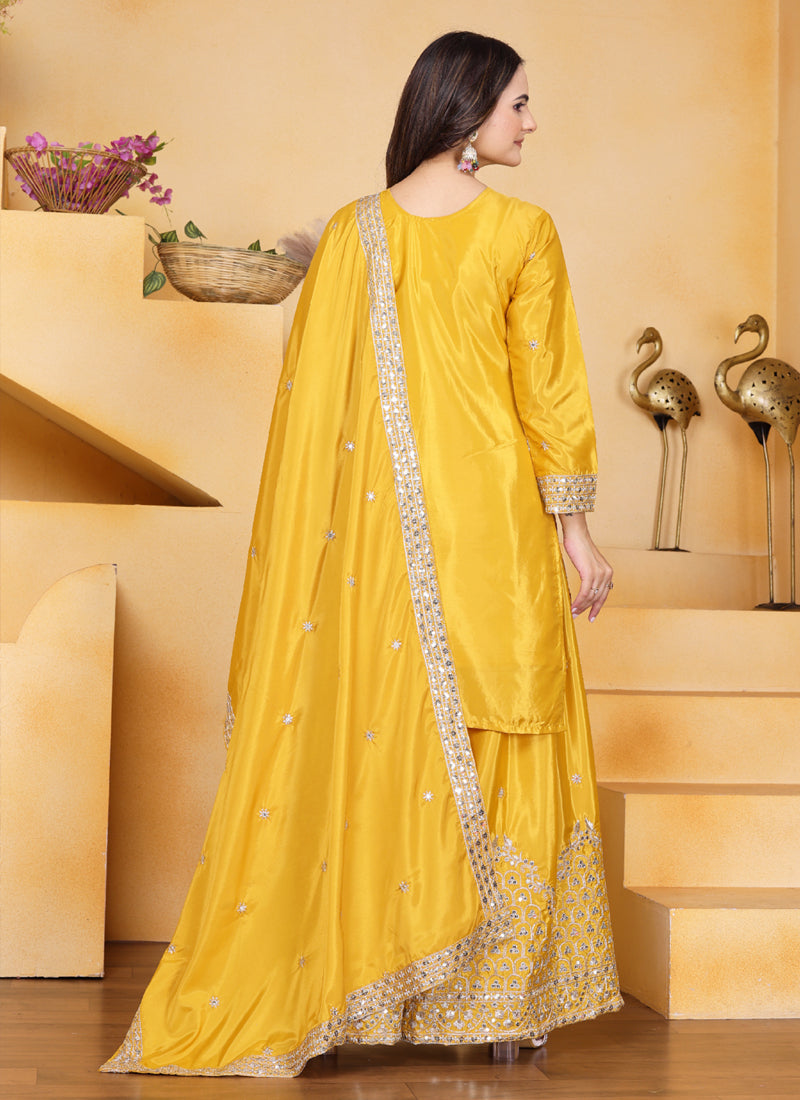 Prazu Fashion Yellow Crepe Silk Sequin Embroidered Sharara Suit