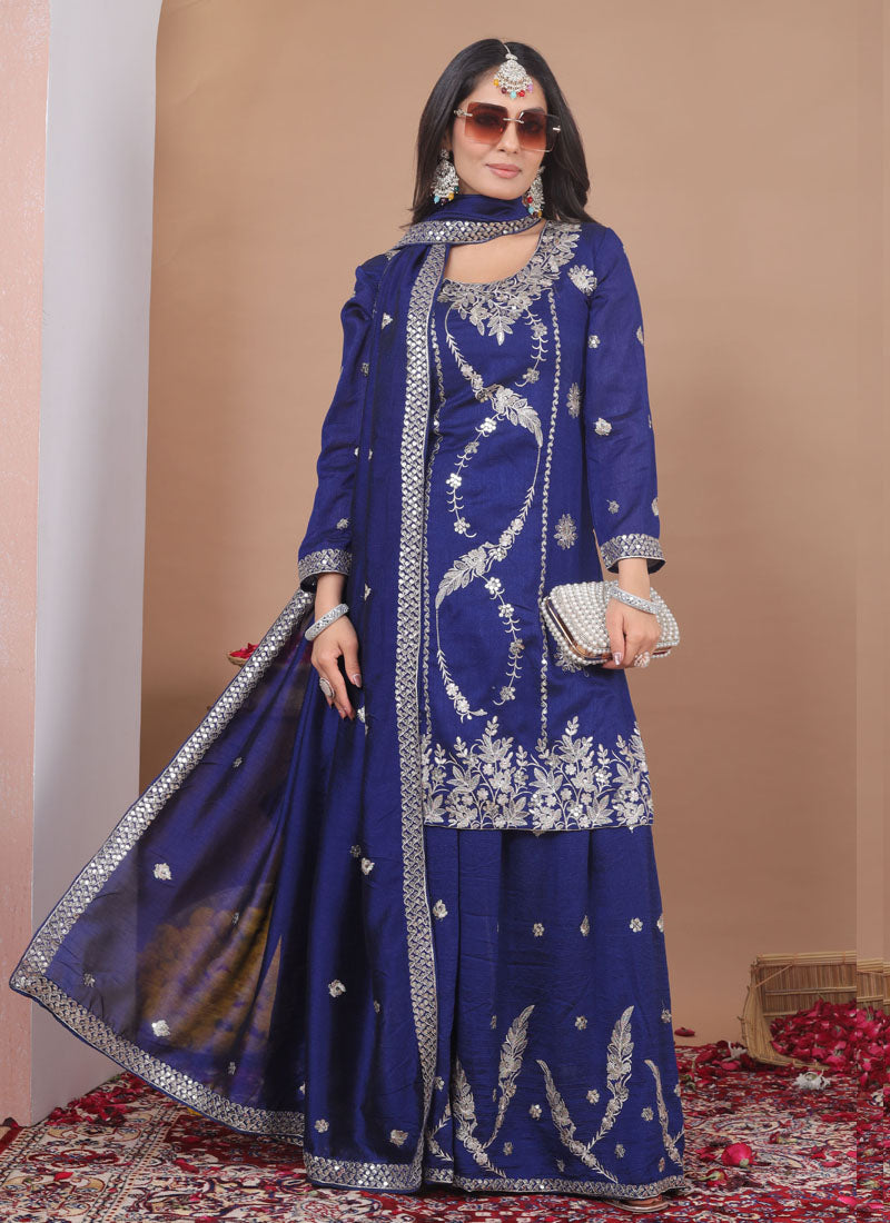 Prazu Fashion Blue Vichitra Silk Sequin Embroidered Sharara Suit