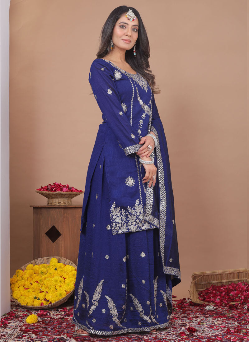 Prazu Fashion Blue Vichitra Silk Sequin Embroidered Sharara Suit