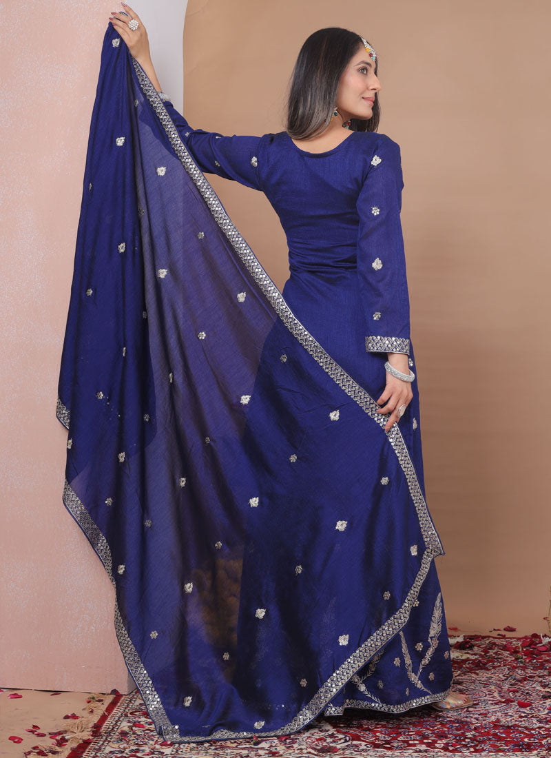 Prazu Fashion Blue Vichitra Silk Sequin Embroidered Sharara Suit