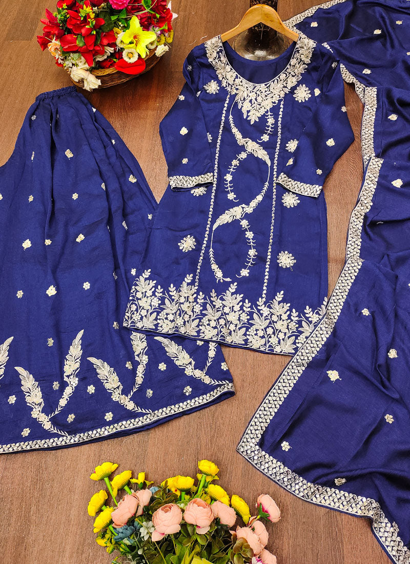 Prazu Fashion Blue Vichitra Silk Sequin Embroidered Sharara Suit