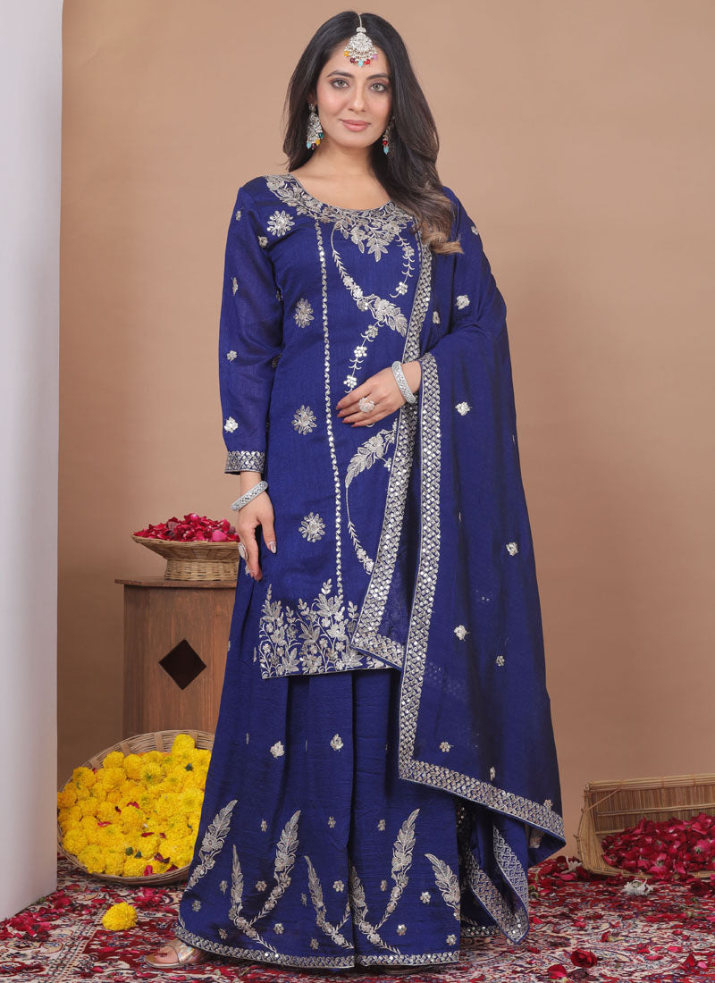 Prazu Fashion Blue Vichitra Silk Sequin Embroidered Sharara Suit