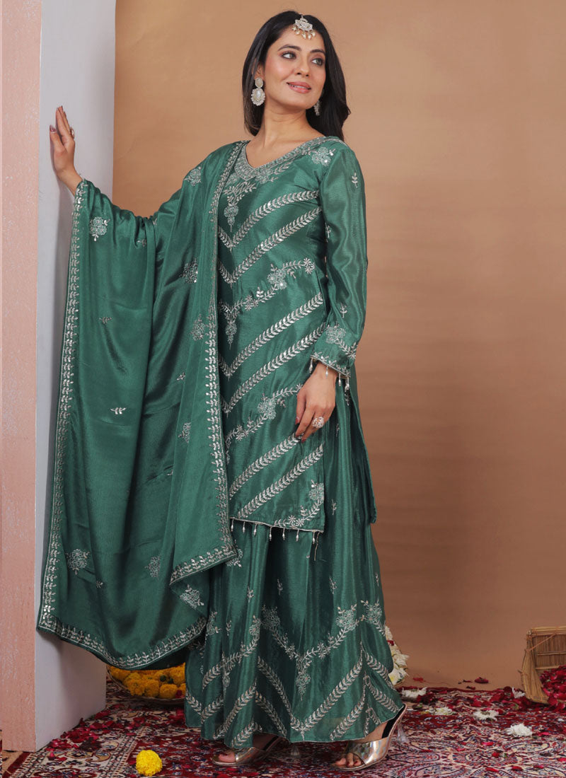 Prazu Fashion Sea Green Chinon Silk Sequin Embroidered Sharara Suit