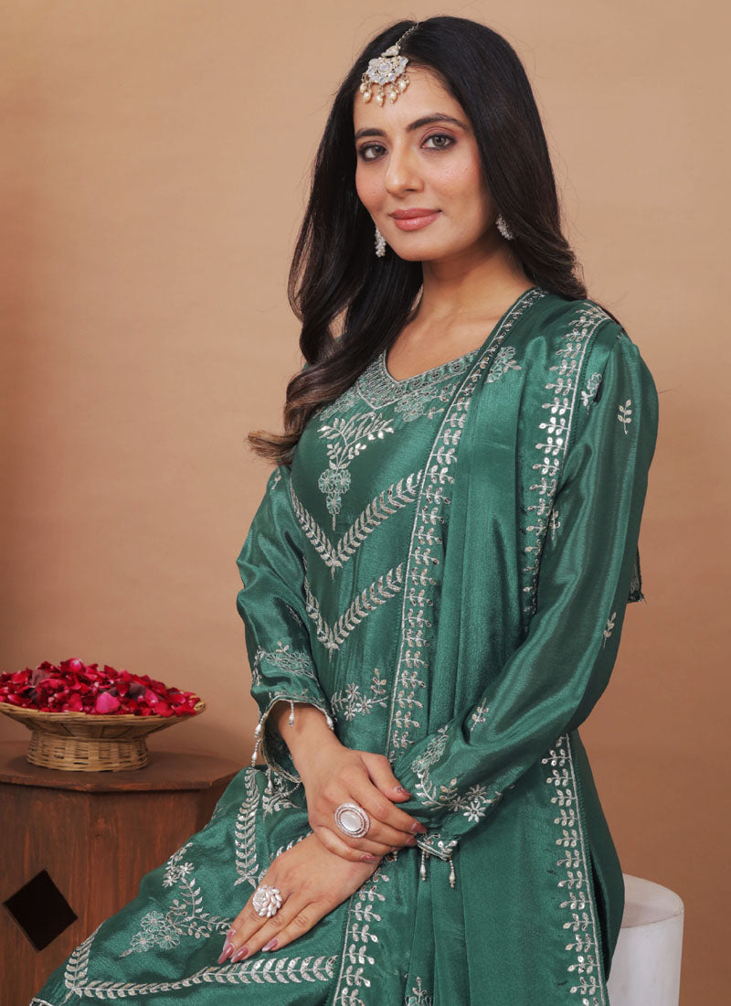 Prazu Fashion Sea Green Chinon Silk Sequin Embroidered Sharara Suit
