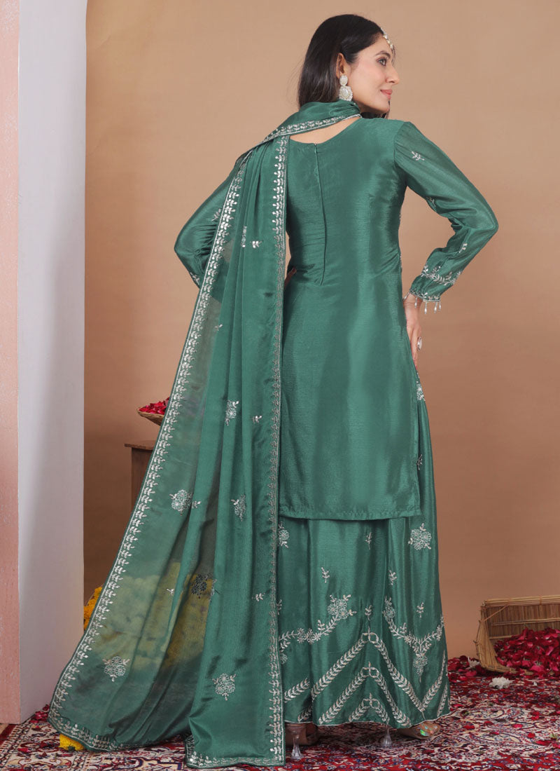 Prazu Fashion Sea Green Chinon Silk Sequin Embroidered Sharara Suit