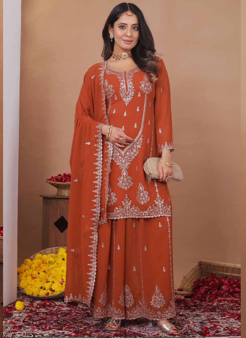 Prazu Fashion Rust Orange Georgette Sequence Embroidered Sharara Suit