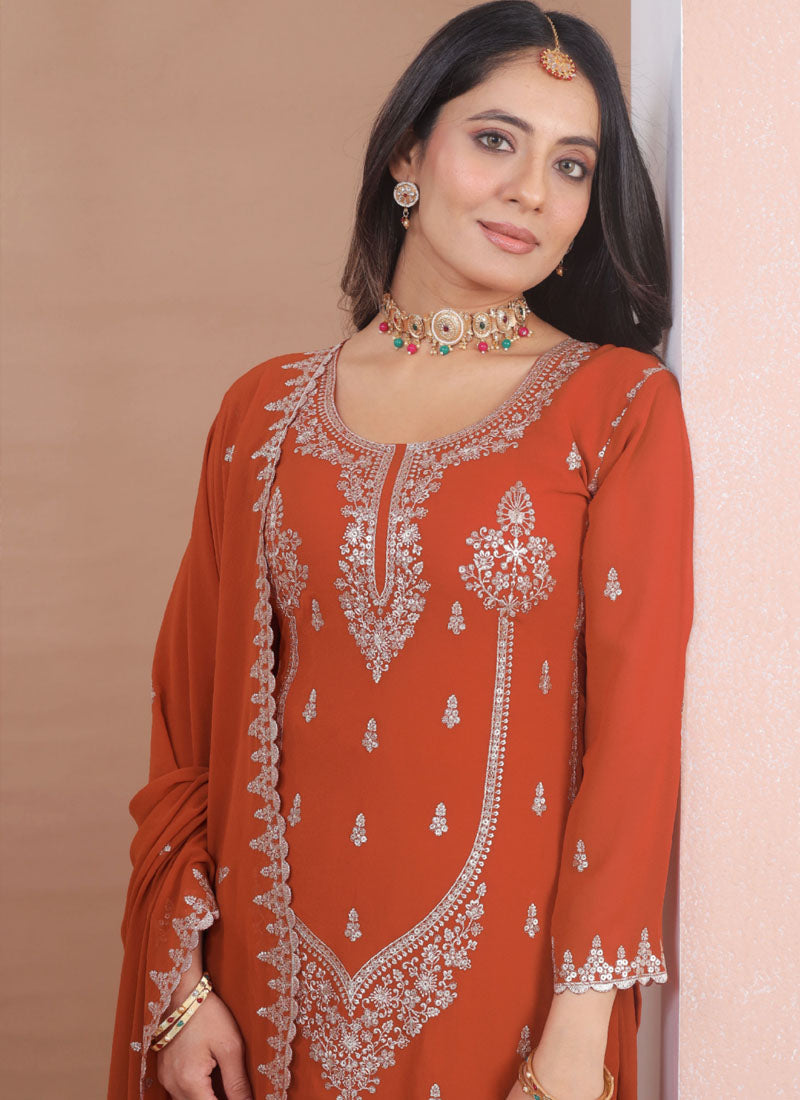 Prazu Fashion Rust Orange Georgette Sequence Embroidered Sharara Suit