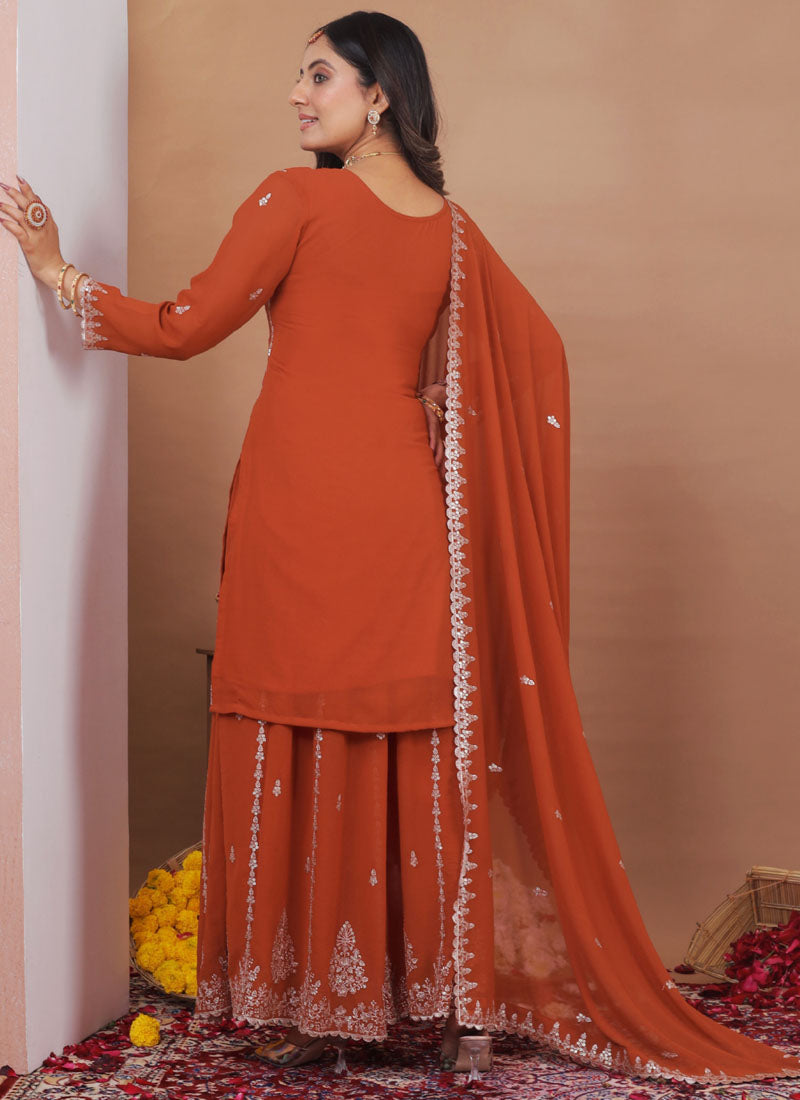 Prazu Fashion Rust Orange Georgette Sequence Embroidered Sharara Suit