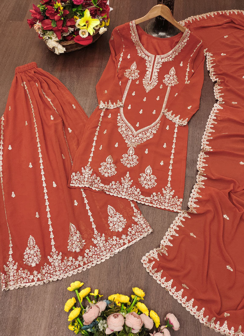 Prazu Fashion Rust Orange Georgette Sequence Embroidered Sharara Suit