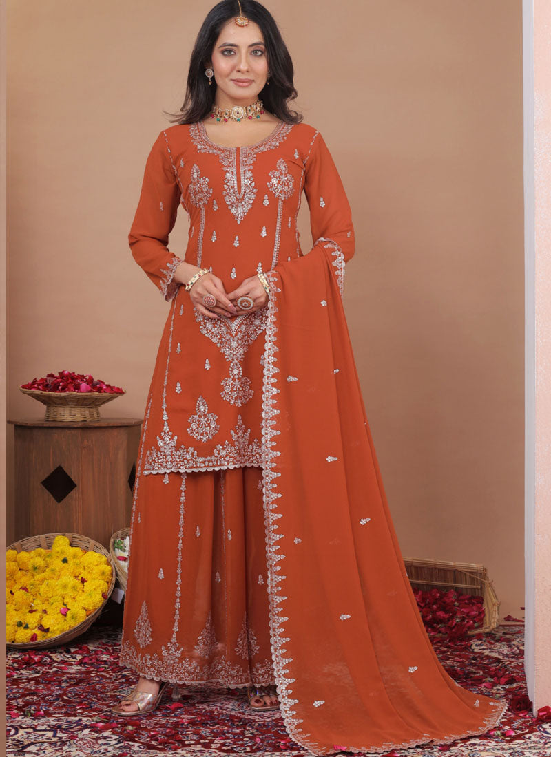 Prazu Fashion Rust Orange Georgette Sequence Embroidered Sharara Suit