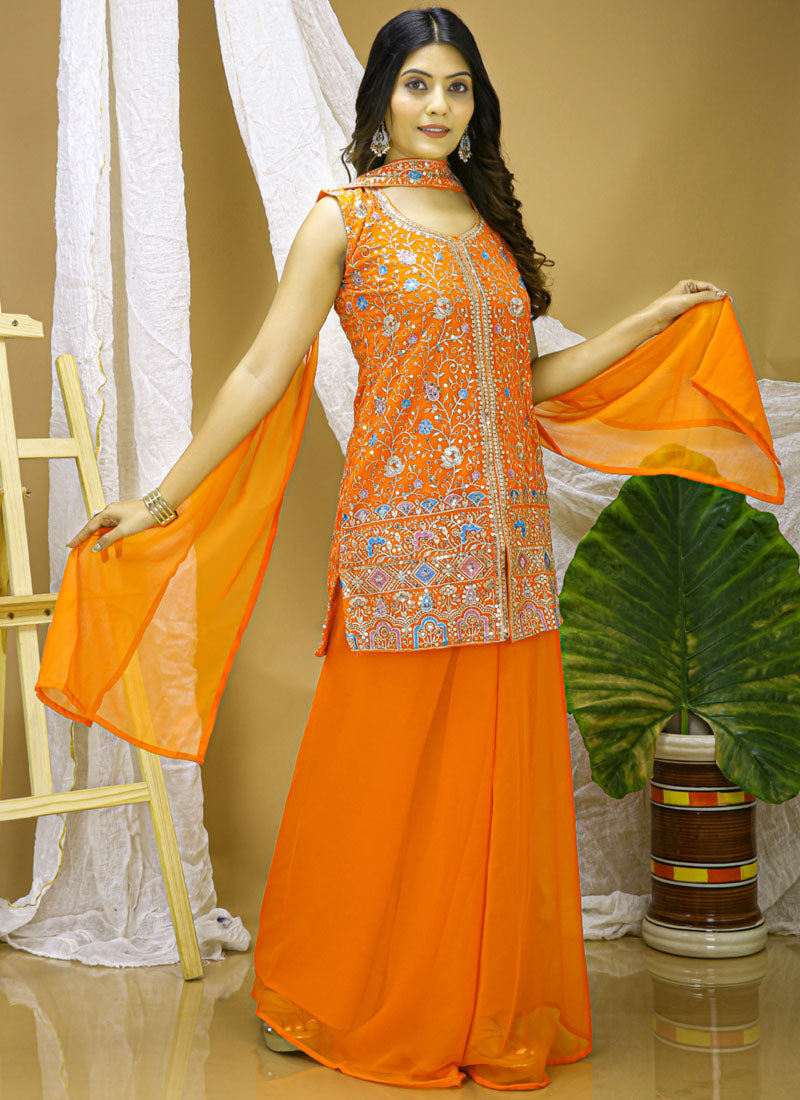 Prazu Fashion Orange Georgette Sequin Embroidered Sharara Suit