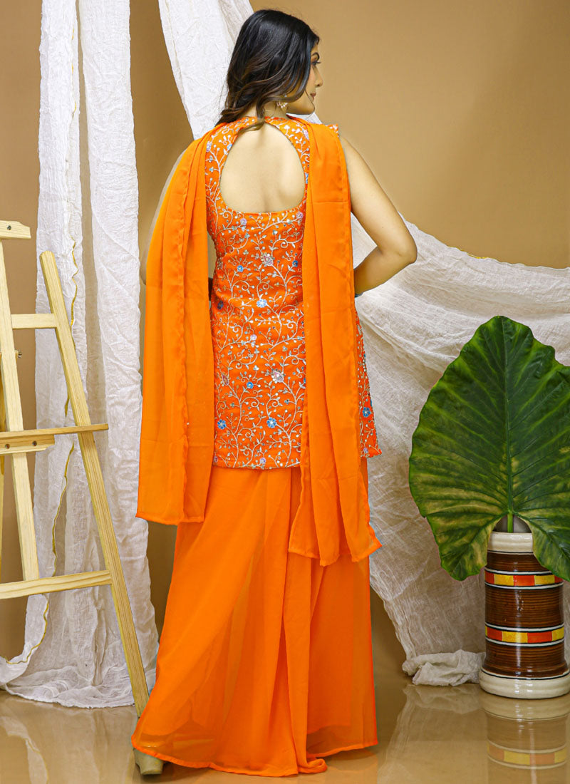 Prazu Fashion Orange Georgette Sequin Embroidered Sharara Suit