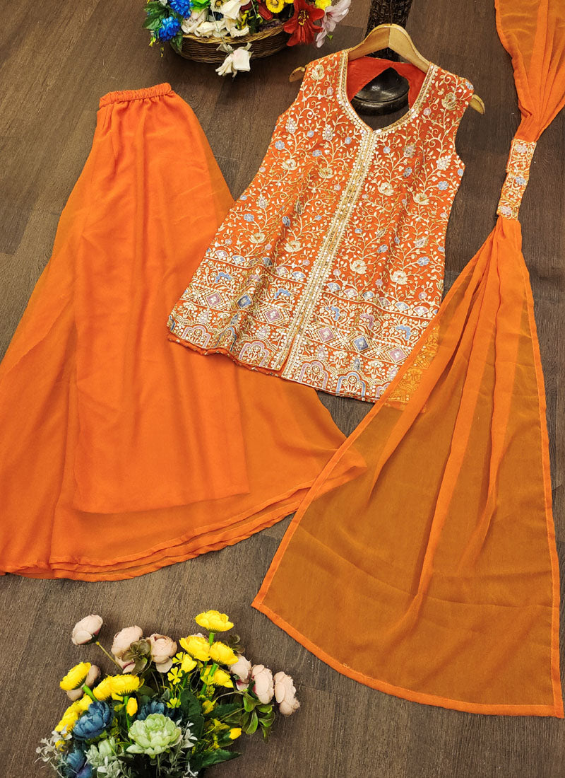 Prazu Fashion Orange Georgette Sequin Embroidered Sharara Suit