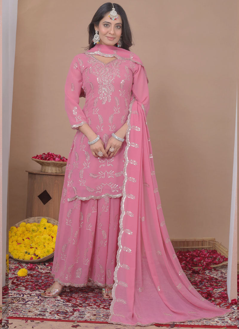Prazu Fashion Light Pink Georgette Sequin Embroidered Sharara Suit