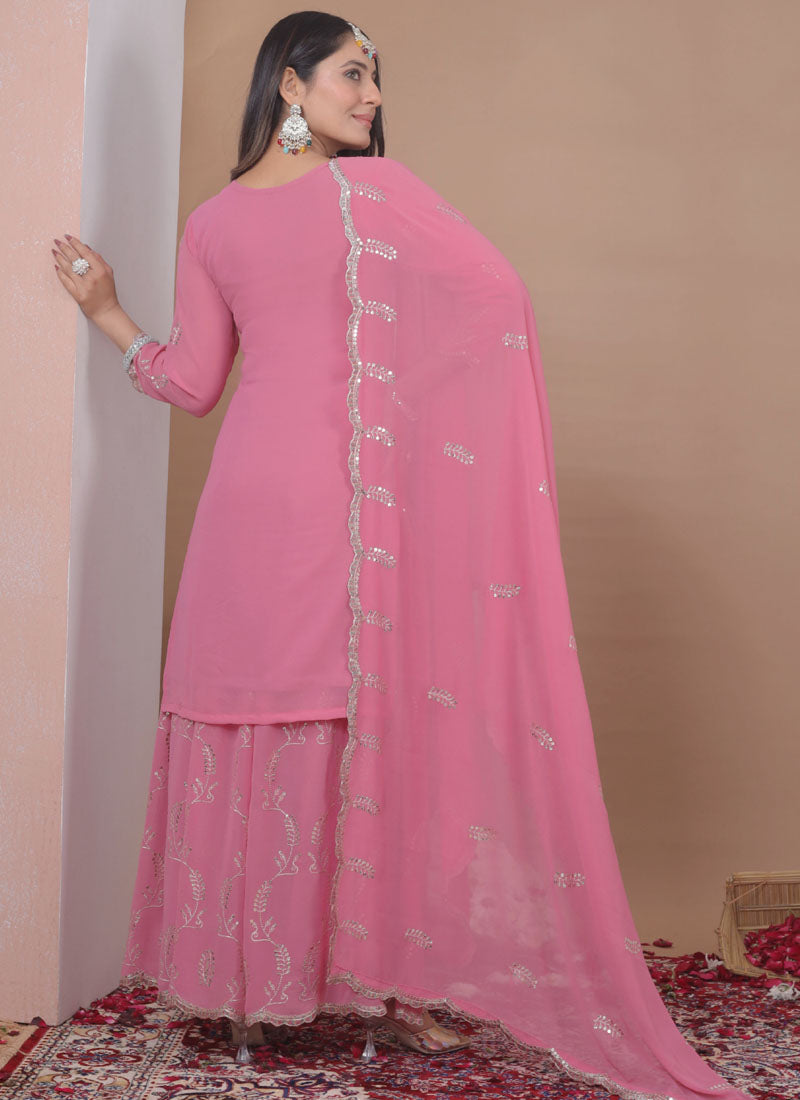 Prazu Fashion Light Pink Georgette Sequin Embroidered Sharara Suit