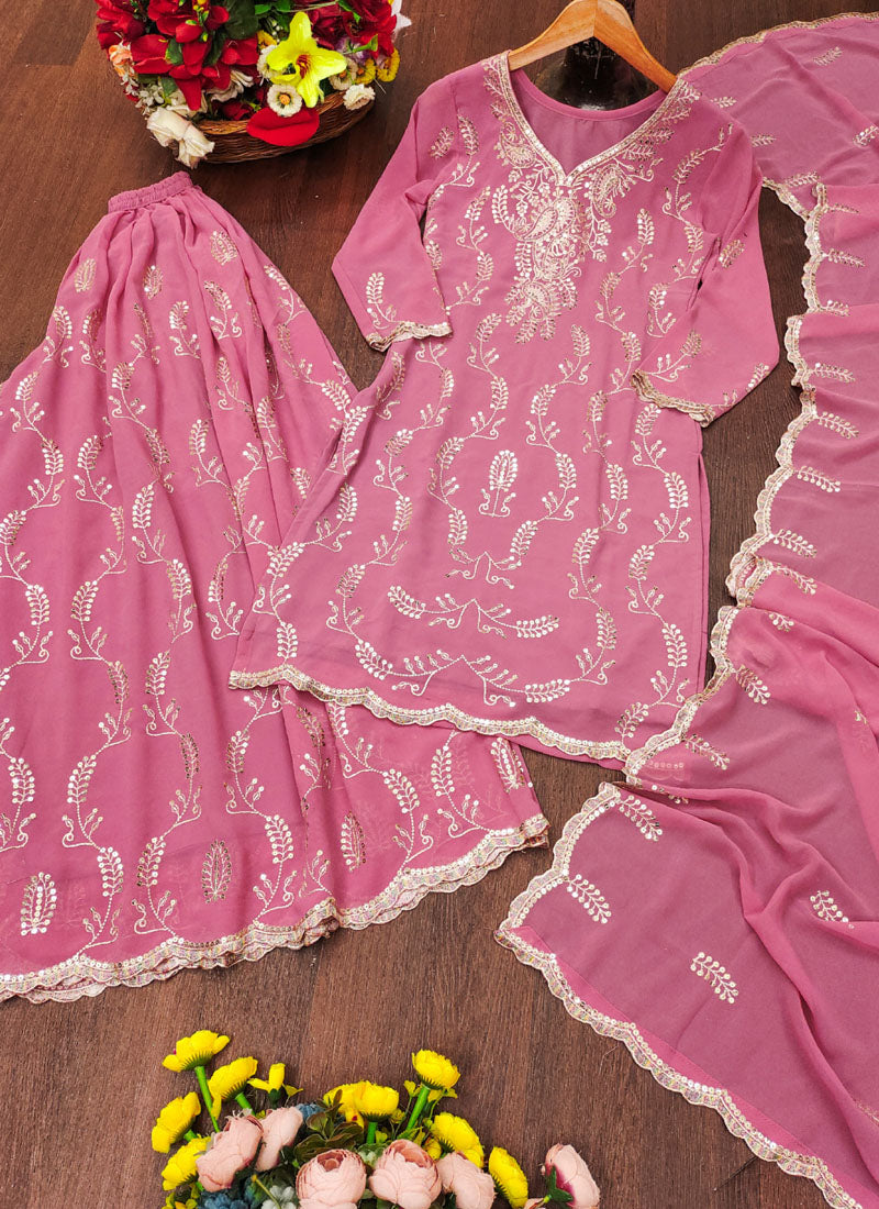 Prazu Fashion Light Pink Georgette Sequin Embroidered Sharara Suit