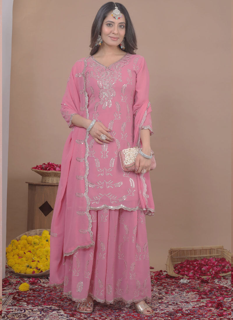 Prazu Fashion Light Pink Georgette Sequin Embroidered Sharara Suit