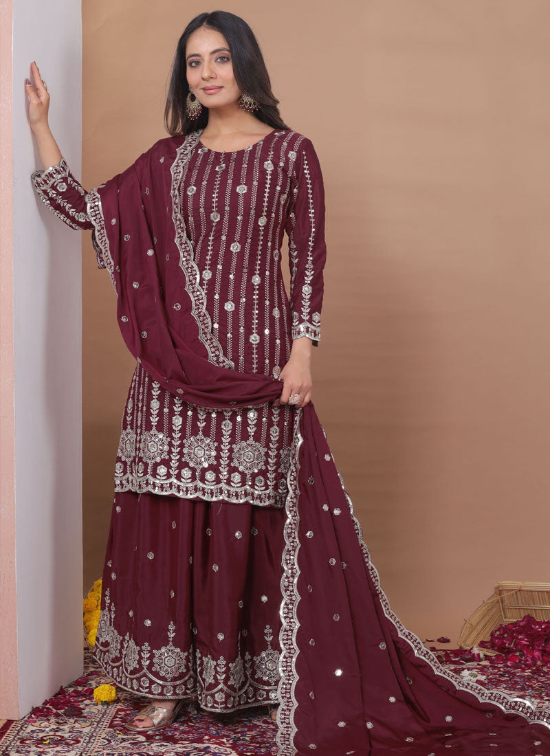 Prazu Fashion Brown Crepe Silk Sequin Embroidered Sharara Suit