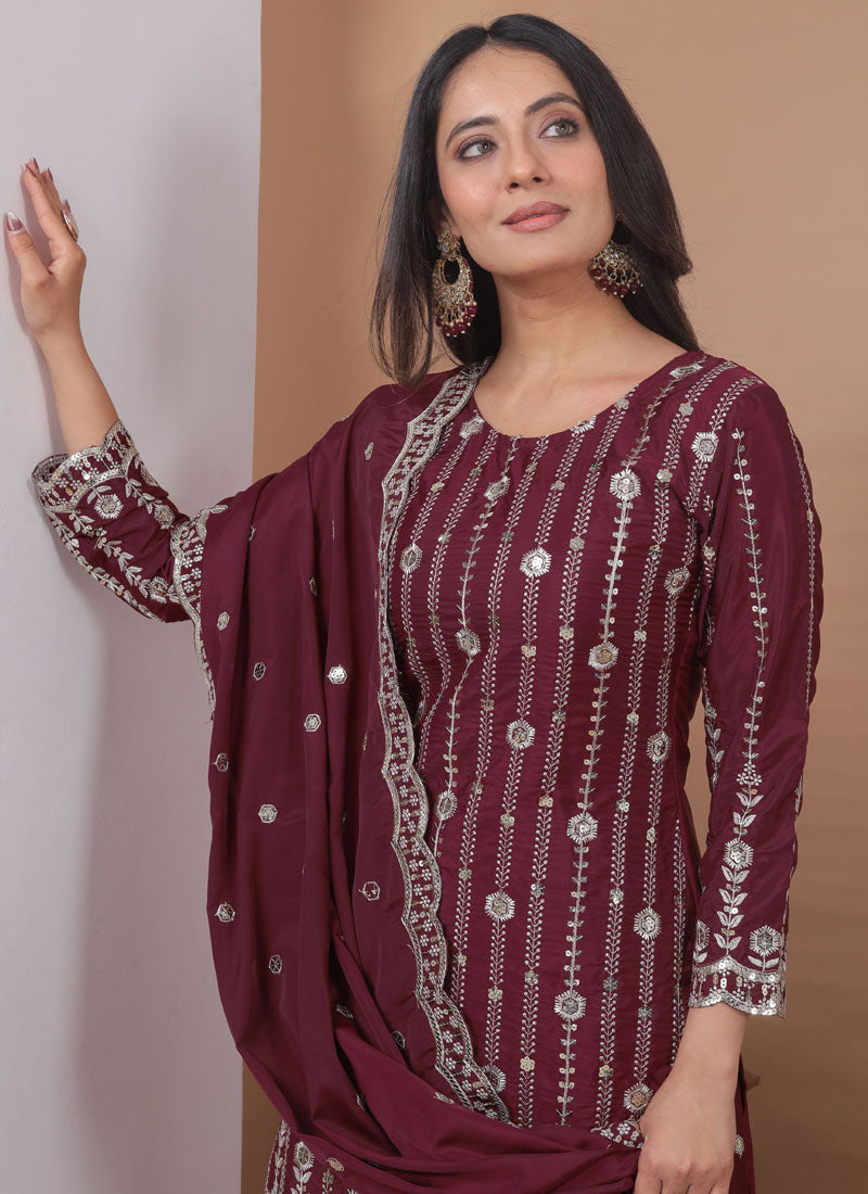 Prazu Fashion Brown Crepe Silk Sequin Embroidered Sharara Suit