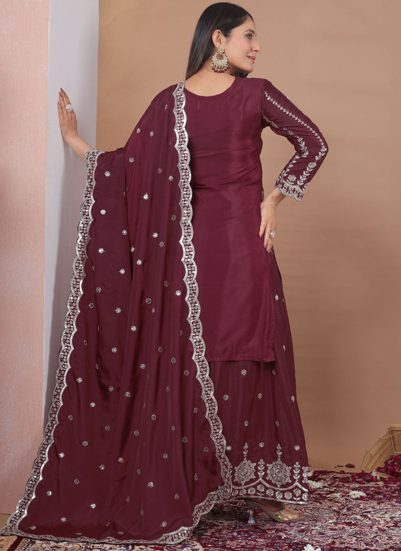 Prazu Fashion Brown Crepe Silk Sequin Embroidered Sharara Suit
