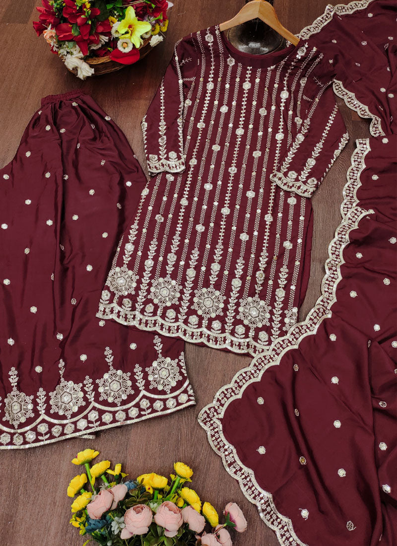 Prazu Fashion Brown Crepe Silk Sequin Embroidered Sharara Suit